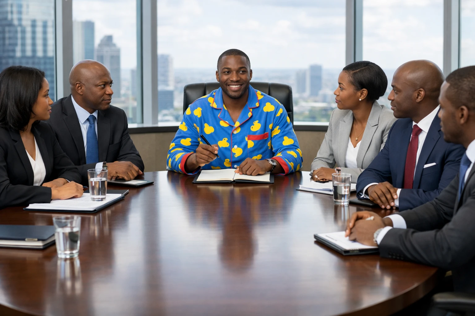 A businessman in pyjamas sitting in a boardroom full of formally dressed colleagues — illustrating how odd it looks to use a free Gmail account for professional business communication.